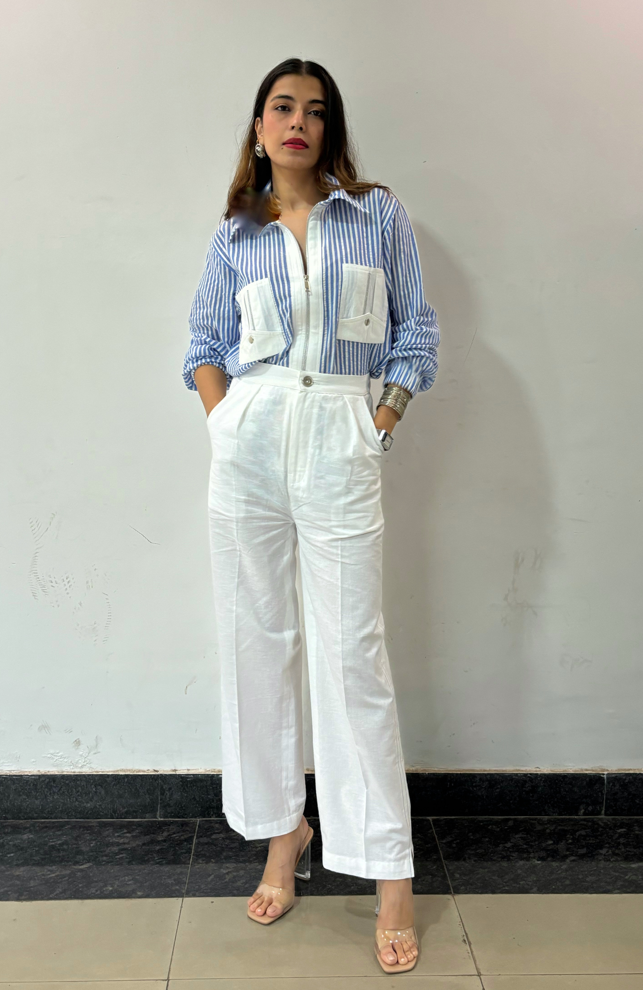 Blue Striped Shirt & Pants Co-ord Set