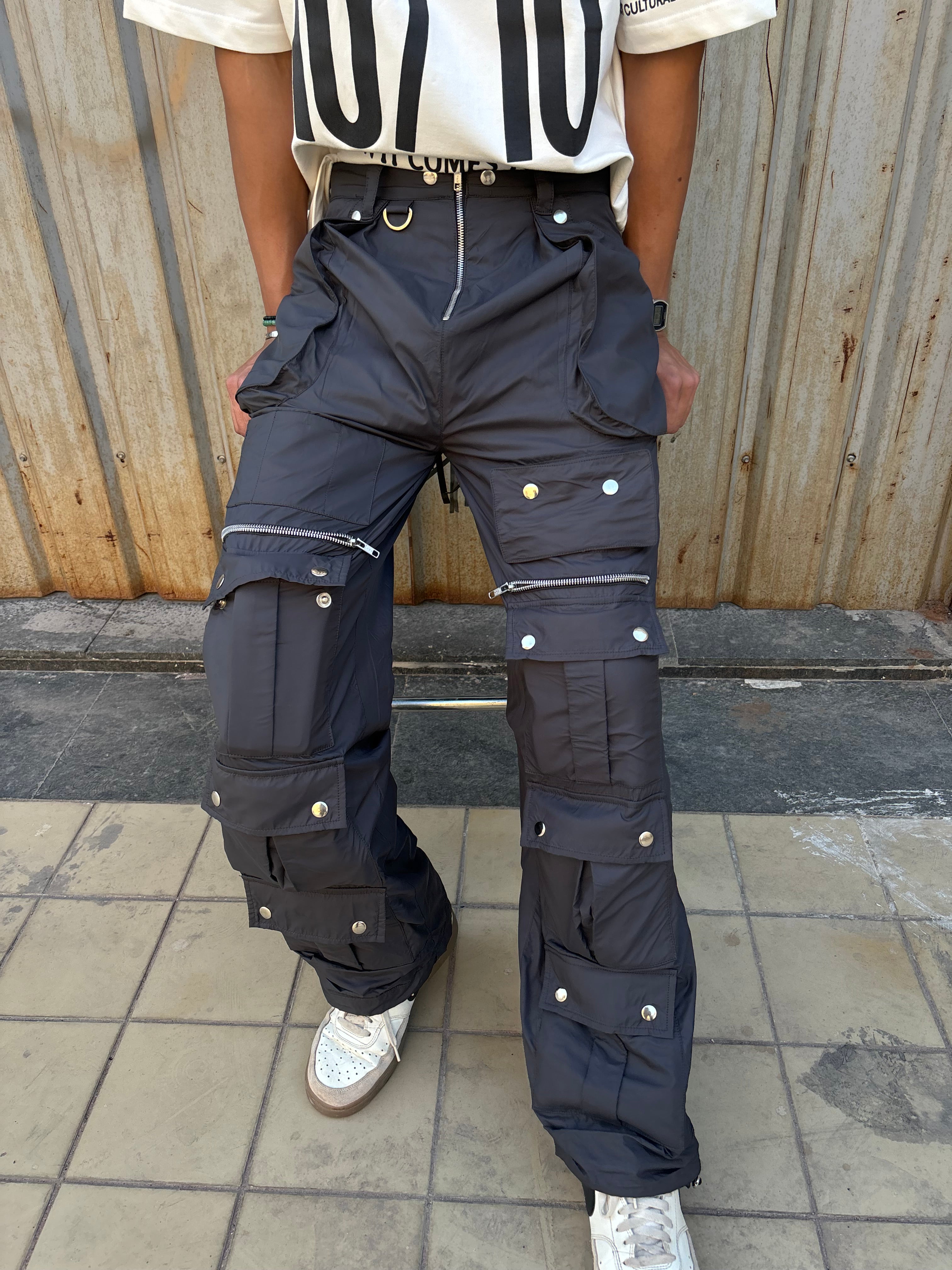 Unisex Charcoal Parachute Cargo Pants