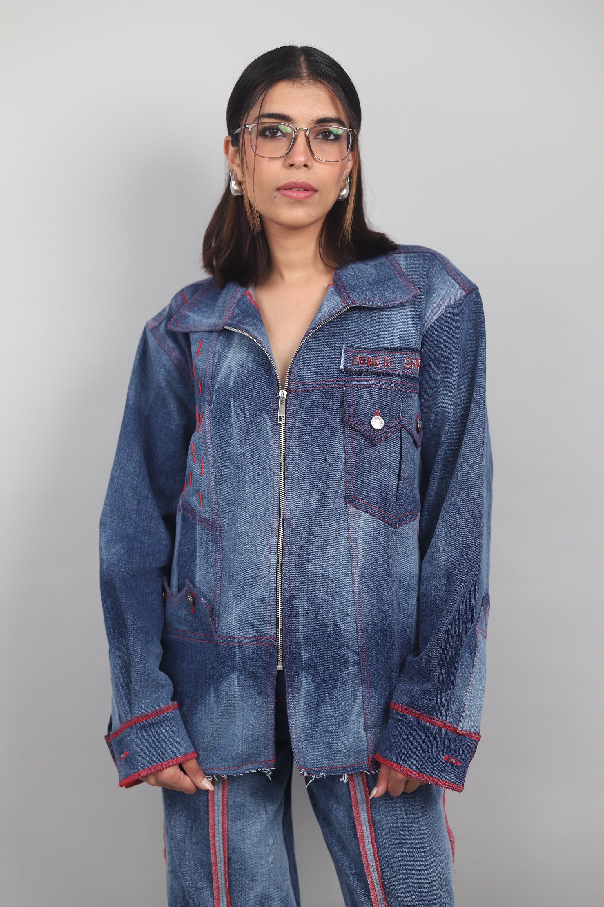 Blue Effect Shirt Jacket & Wide Leg Jeans Set