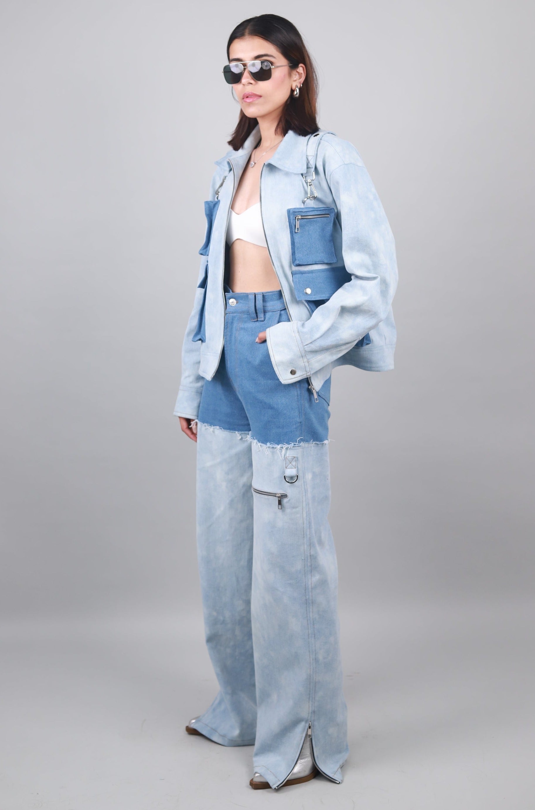 Detachable Dual Jacket & Wide Leg Jeans Set