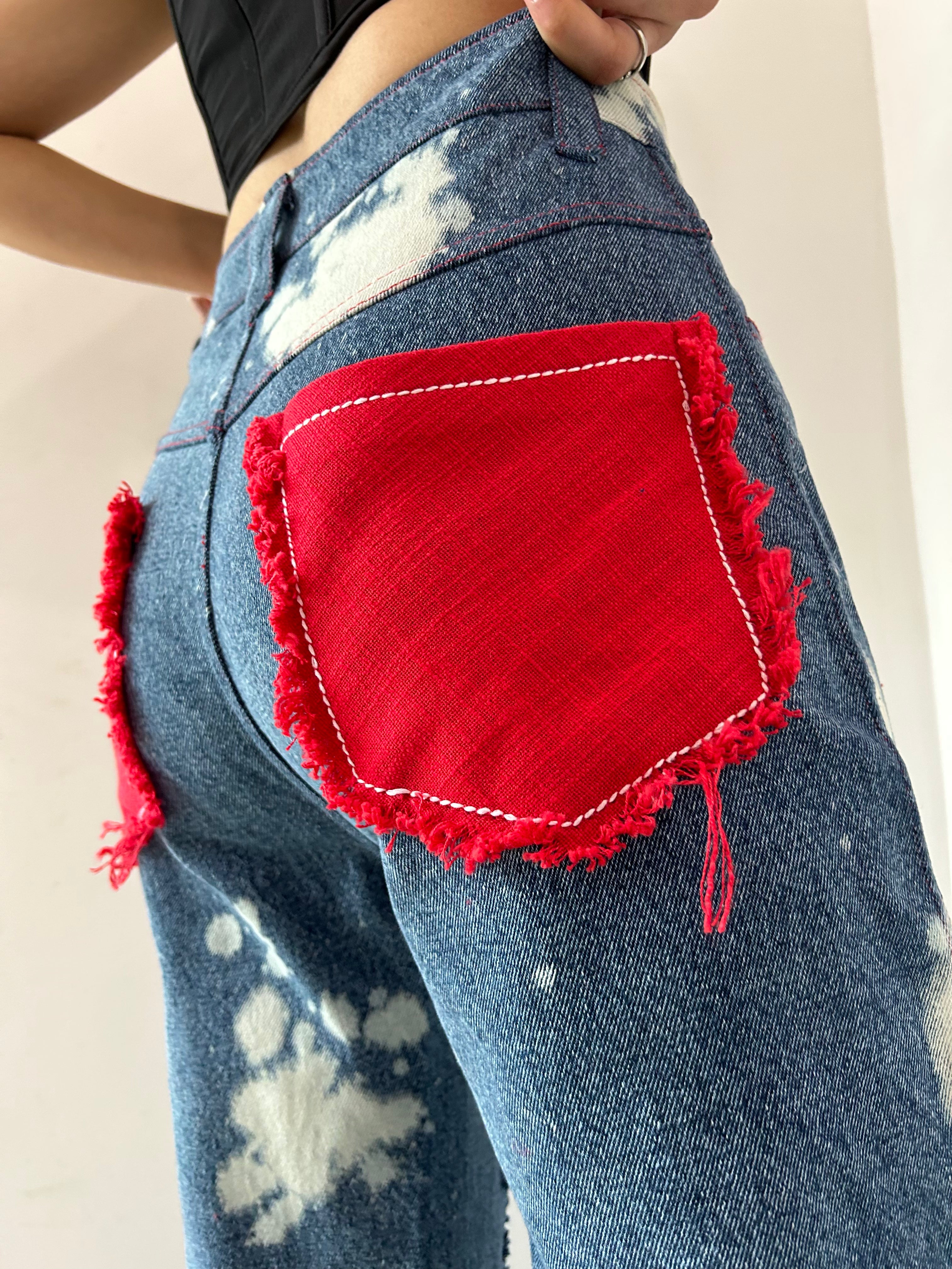 WOMEN RUGGED ACID WASH RED PATCHWORK  HIGH WAIST JEANS