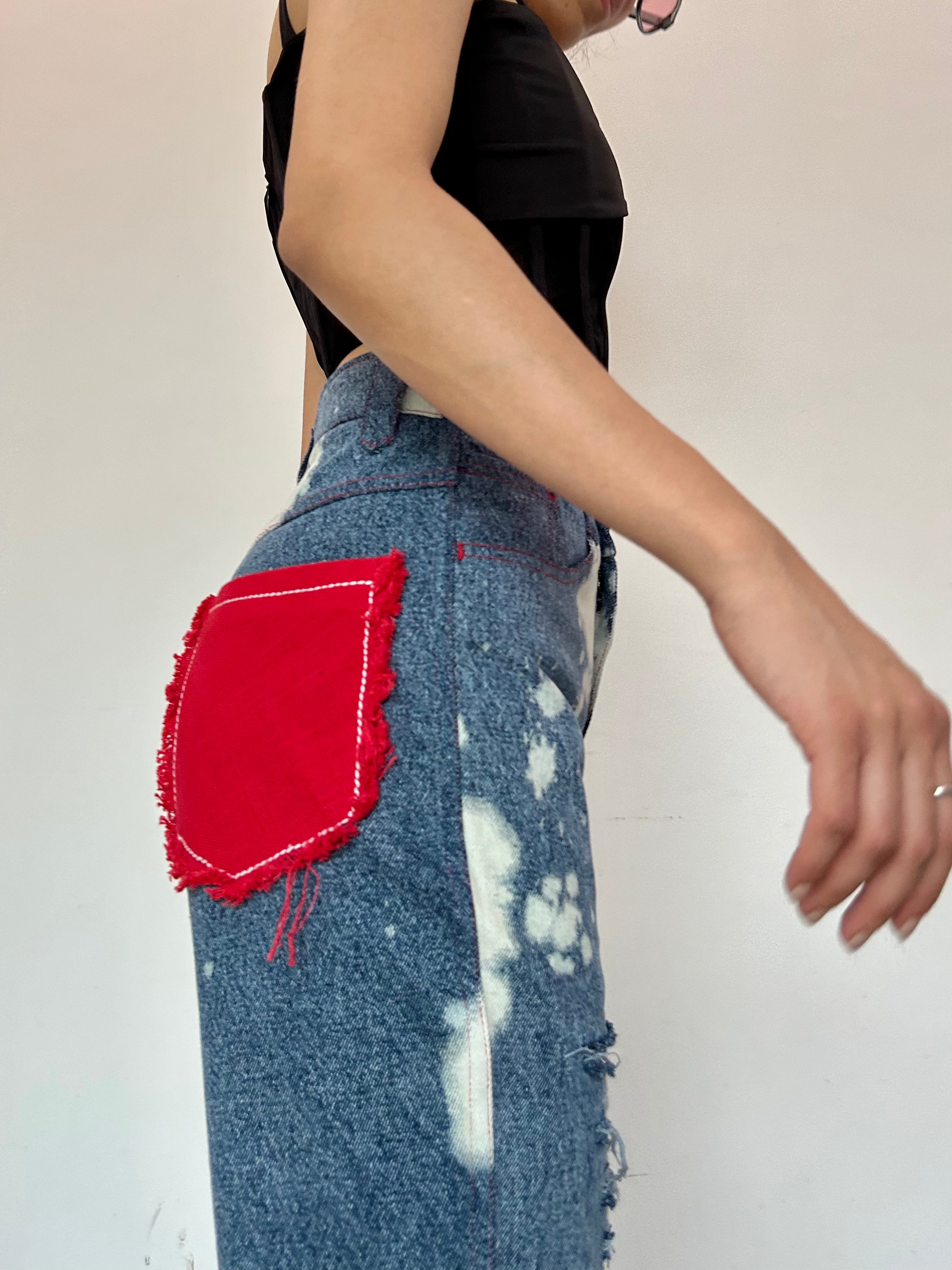 WOMEN RUGGED ACID WASH RED PATCHWORK  HIGH WAIST JEANS